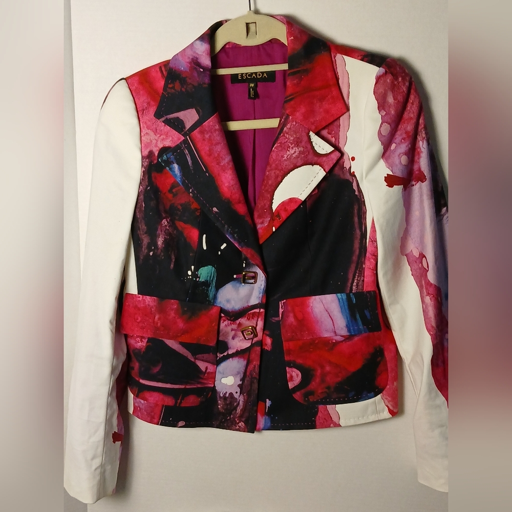Escada Pink White Cerise Splatter Blazer. Artistic Flair Sz 36 EUC Made In Italy